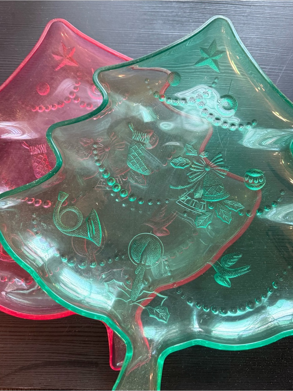 Vintage Holiday Tree-Shaped Serving Trays - Green & Pink